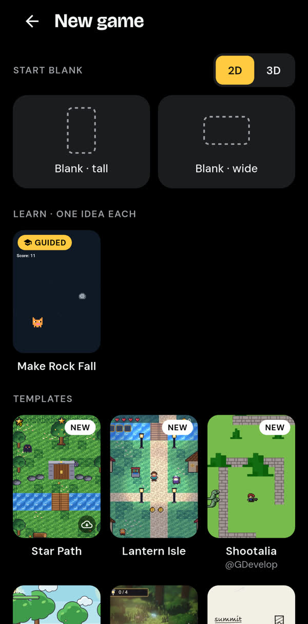 The New game screen with Star Path at the top of the templates