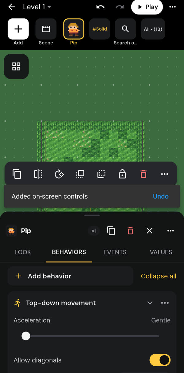 Pip selected with the Top-down movement behavior added