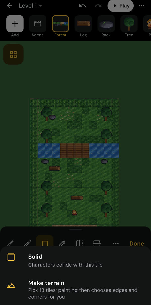 The tile menu with Solid turned on for the water tile