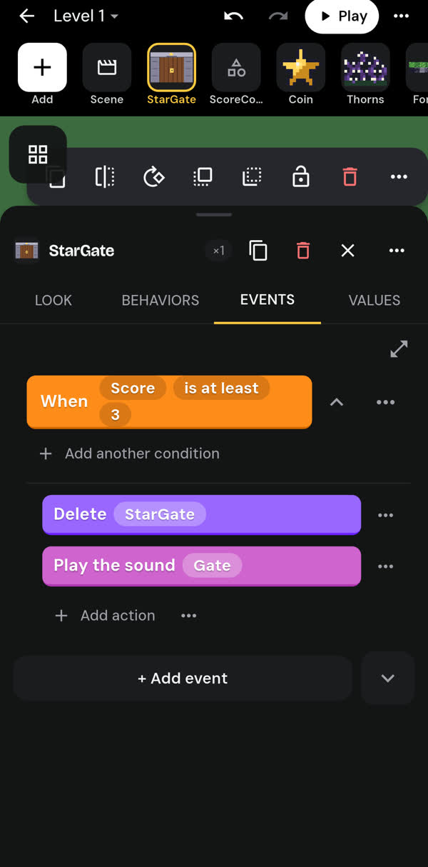 Event: when Score is at least 3, delete StarGate and play the sound Gate