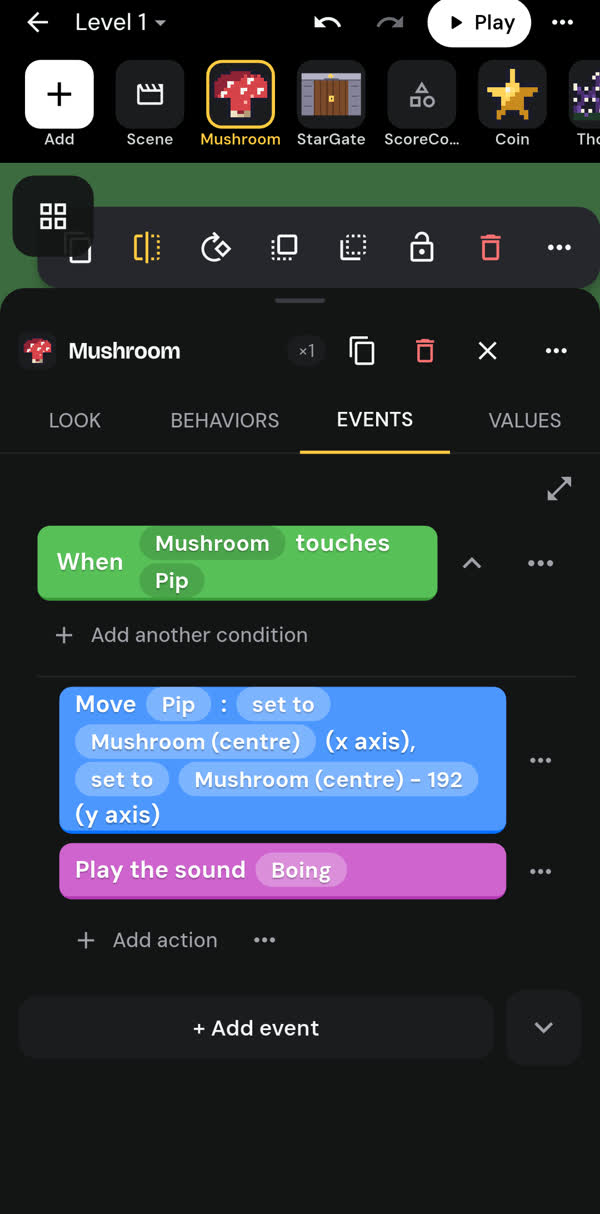 Event: when Mushroom touches Pip, move Pip above the Mushroom and play Boing